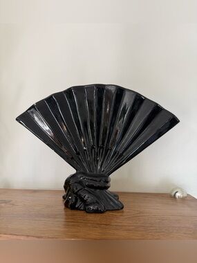 Vintage Mid-Century Black Ceramic Fan Vase/Planter